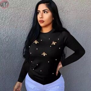 Elegant Black Long Sleeve Women's Top with  bee Embellishments
